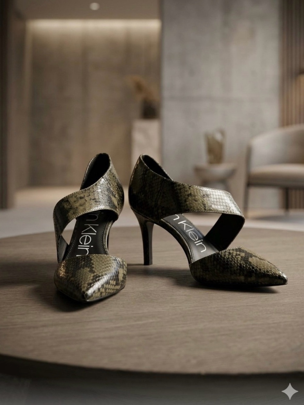 Calvin Klein Gella Olive Green Snake-Print Crisscross Pointed-Toe Pumps - Size 8